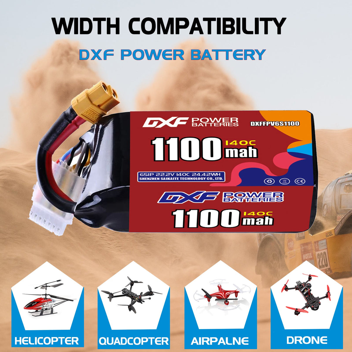 DXF 6S 22.2V 1100mAh 140C LiPo Battery for FPV Micro Drones (PH2.0 / JST / XT30 / SM / XT60 / EC5 / XT90 Options)