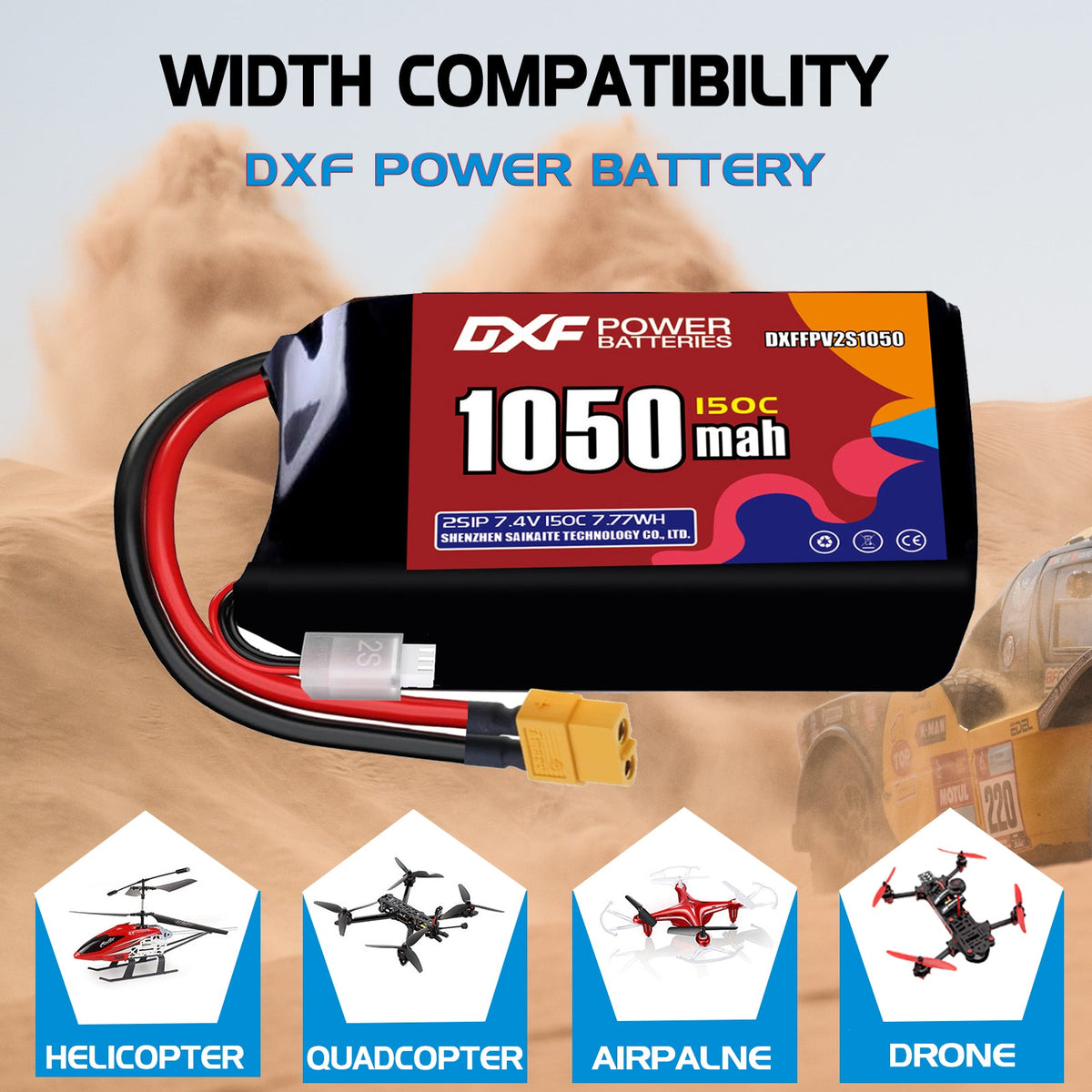 DXF 2S 7.4V 1050mAh 150C LiPo Battery for FPV Micro Drones (PH2.0 / JST / XT30 / SM / XT60 / EC5 / XT90 Options)