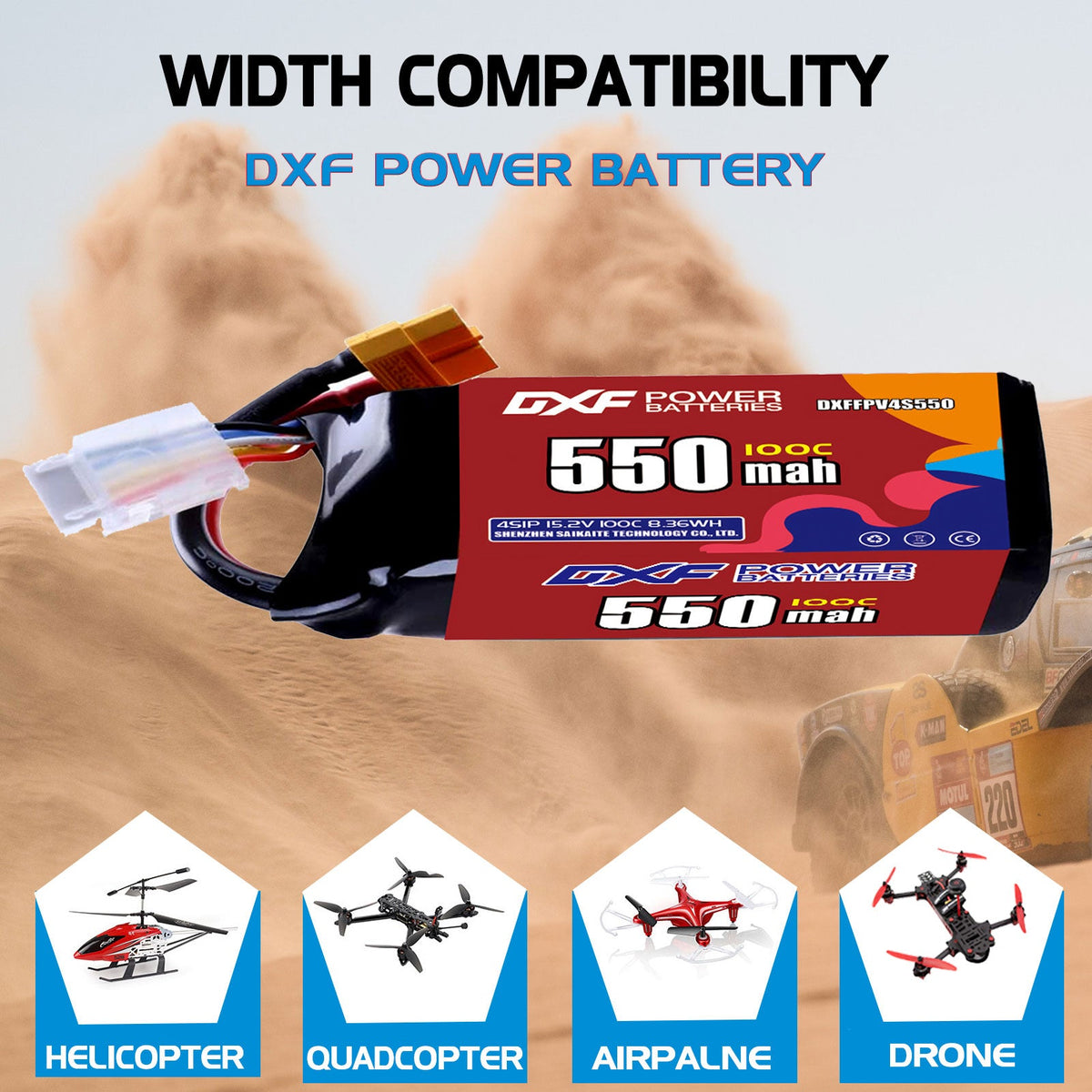 DXF 4S 15.2V 550mAh 100C LiPo Battery for FPV Micro Drones (PH2.0 / JST / XT30 / SM / XT60 / EC5 / XT90 Options)