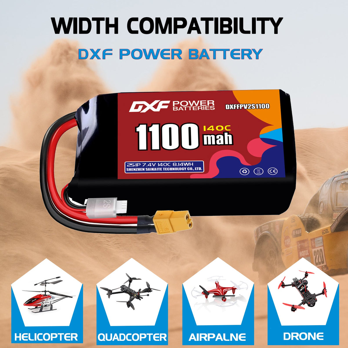 DXF 2S 7.4V 1400mAh 120C LiPo Battery for FPV Micro Drones (PH2.0 / JST / XT30 / SM / XT60 / EC5 / XT90 Options)