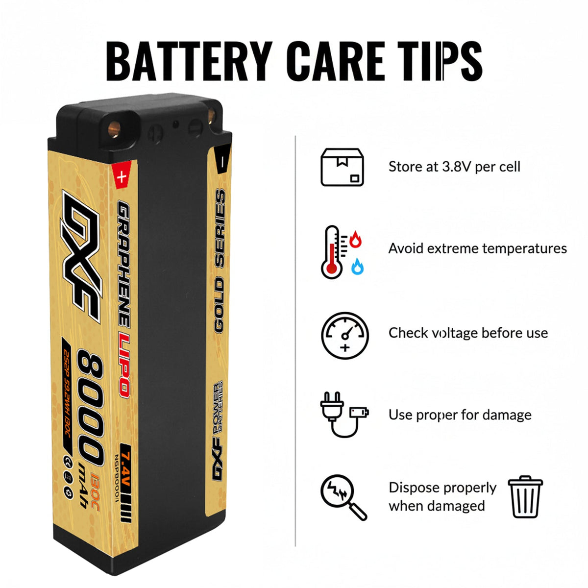 DXF 2S 7.4V 8000mAh 130C Golden NGP Graphene LiPo Hardcase Battery with 12AWG 5mm Bullet to Deans Plug for 1/8 1/10 RC Car Truck Boat Drone (1-6 Pack Available)