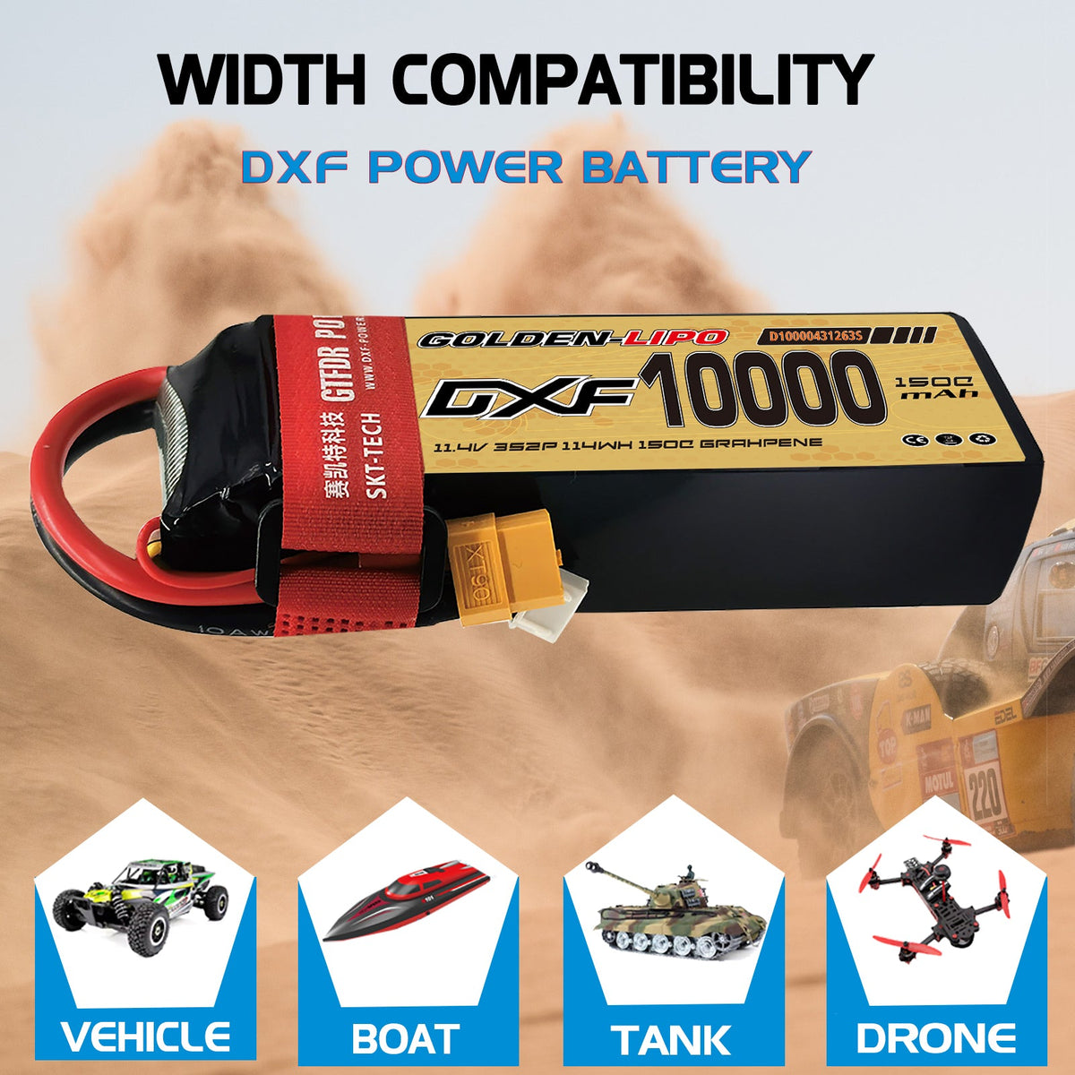 DXF Lipo Battery 3S HV 11.4V 10000mAh 150C GoldSeries Graphene Softcase with EC5 / T / TRX / XT60 / XT90 / XT150 / Q8s Plug for RC 1/8 1/10 Buggy Truck Car Off-Road Drone