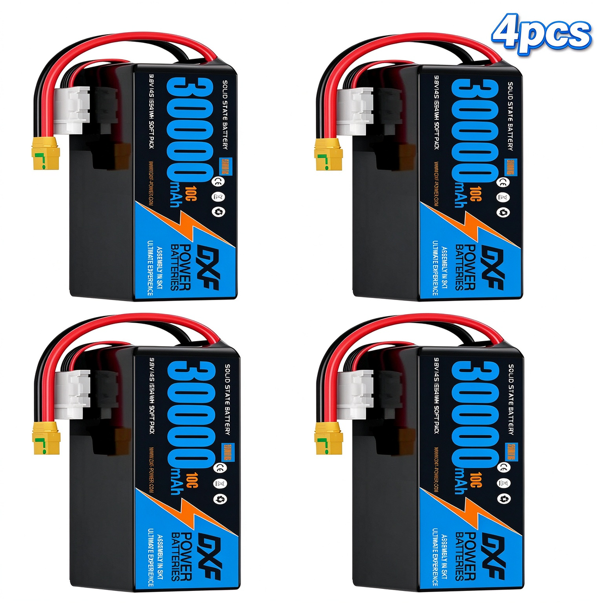 DXF SEMI-SOLID 14S 51.8V 30000mAh 5C Soft Case LiPo Battery with 8AWG Wire for Toy Cars, Boats, UAVs & Drones (1-6 Pack)