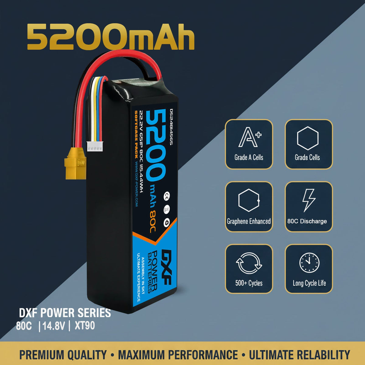 DXF Lipo Battery 4S 14.8V 5200mAh 80C Graphene Softcase with EC5 / T / TRX / XT60 / XT90 / XT150 / Q8s Plug for RC 1/8 1/10 Buggy Truck Car Off-Road Drone