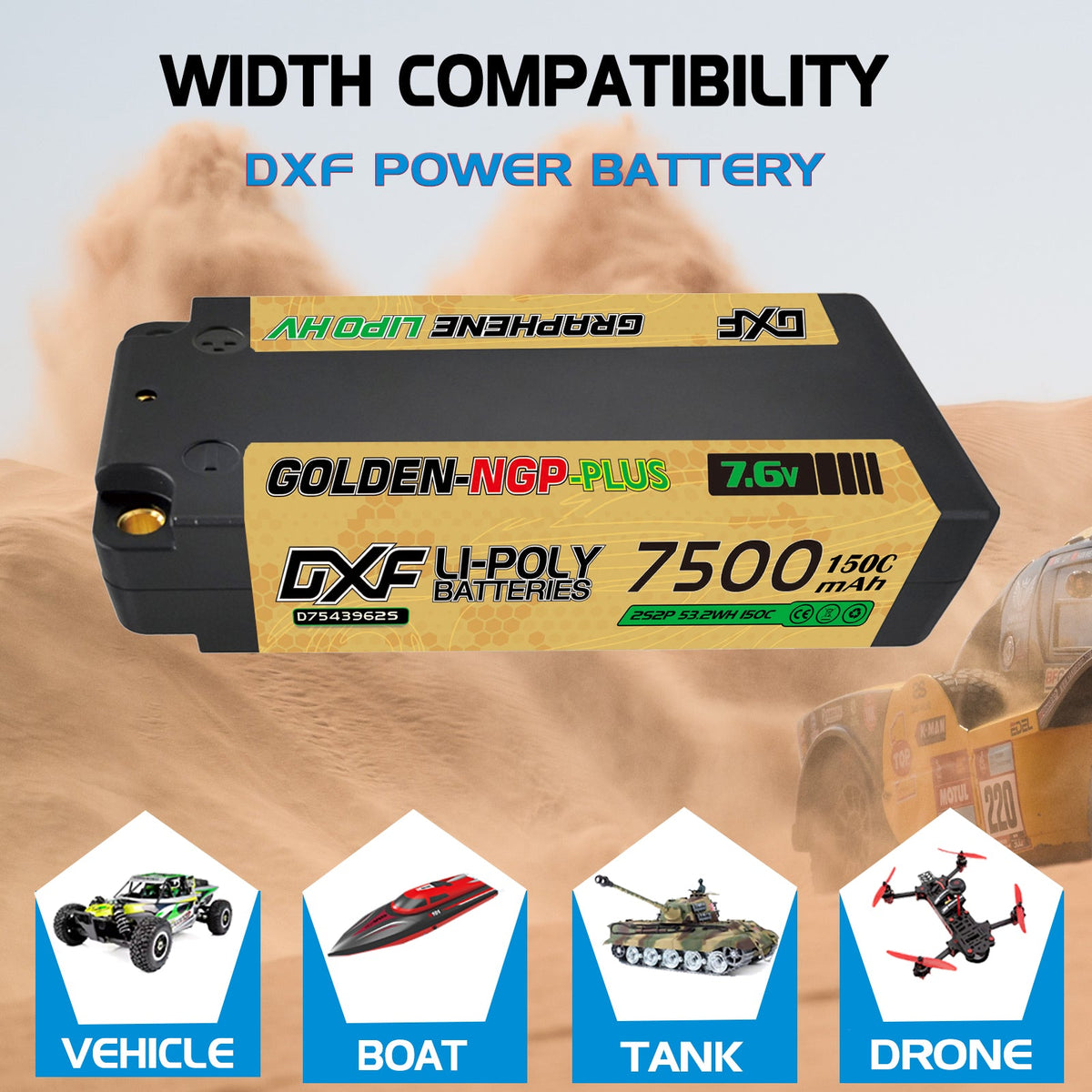 DXF LiPo Battery 2S2P HV 7.6V 7500mAh 150C Graphene NGP Plus Gold Version with 5mm Bullet / EC5 / T / TRX / XT60 / XT90 / XT150 / Q8s Plug for RC 1/10 1/8 1/5 Scale Car Racing
