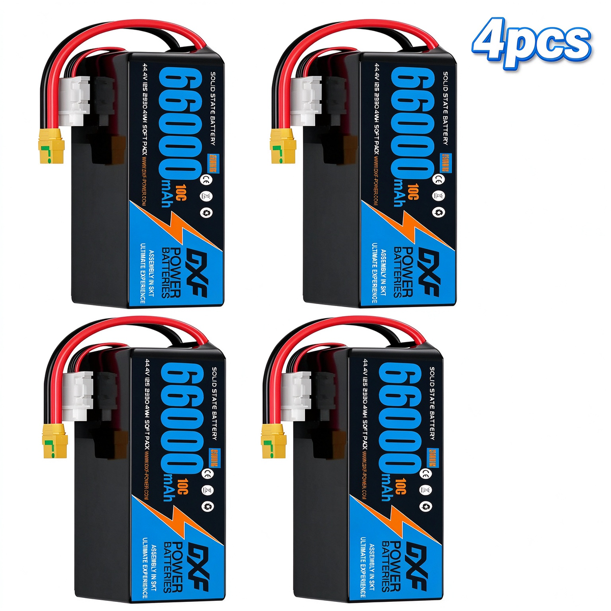 DXF SEMI-SOLID 12S 44.4V 66000mAh 10C Soft Case LiPo Battery with 8AWG Wire for Toy Cars, Boats, UAVs & Drones (1-6 Pack)