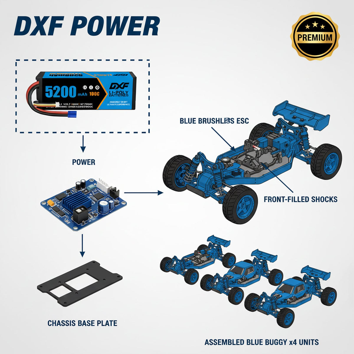 DXF 3S 11.1V 5200mAh 100C Hardcase LiPo Battery with 10AWG EC5 for 1/8 1/10 RC Cars, Trucks, Buggies (1-6 Pack Available)