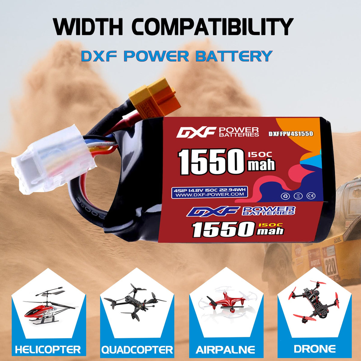 DXF 4S 14.8V 1550mAh 150C LiPo Battery for FPV Micro Drones (PH2.0 / JST / XT30 / SM / XT60 / EC5 / XT90 Options)