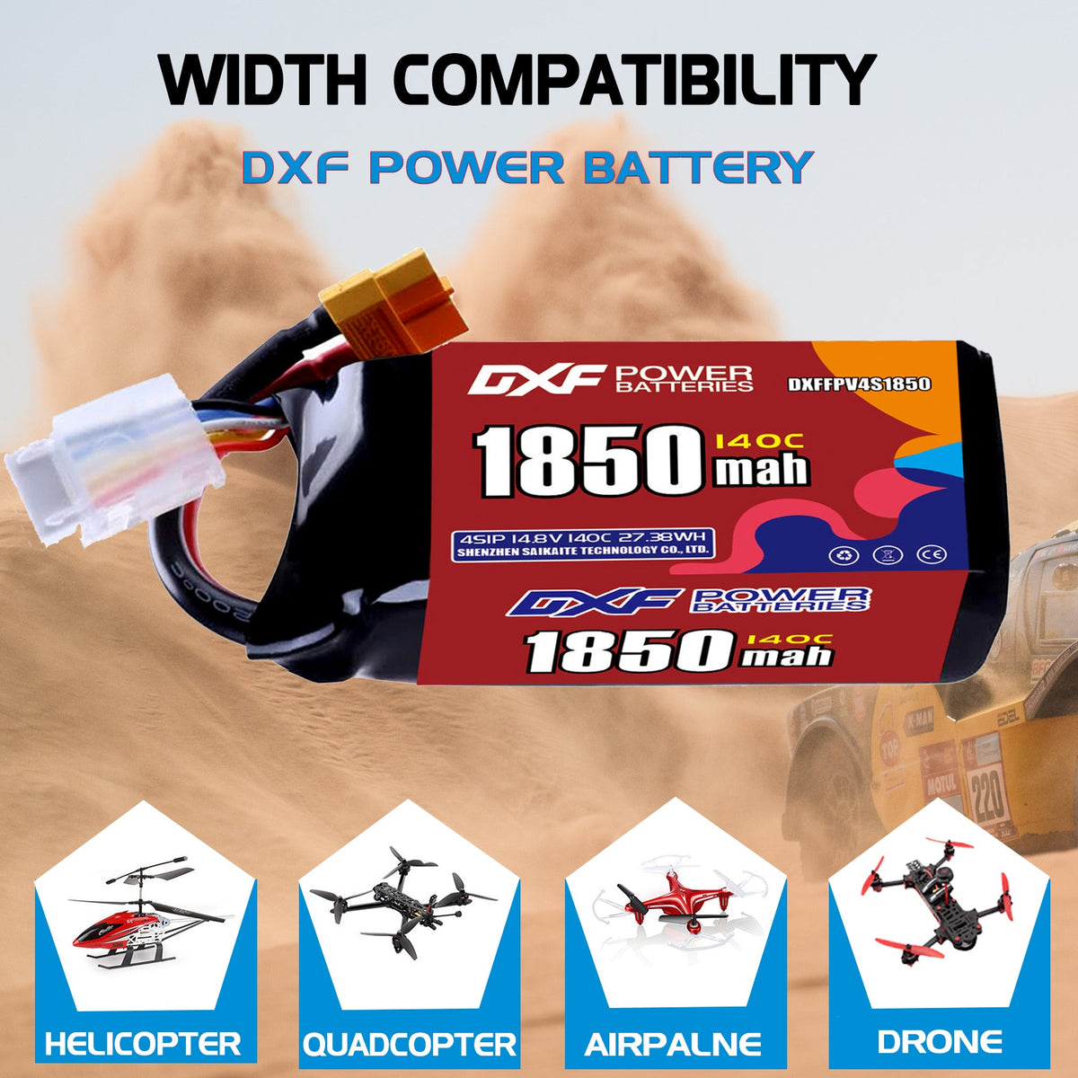 DXF 4S 14.8V 1850mAh 140C LiPo Battery for FPV Micro Drones (PH2.0 / JST / XT30 / SM / XT60 / EC5 / XT90 Options)
