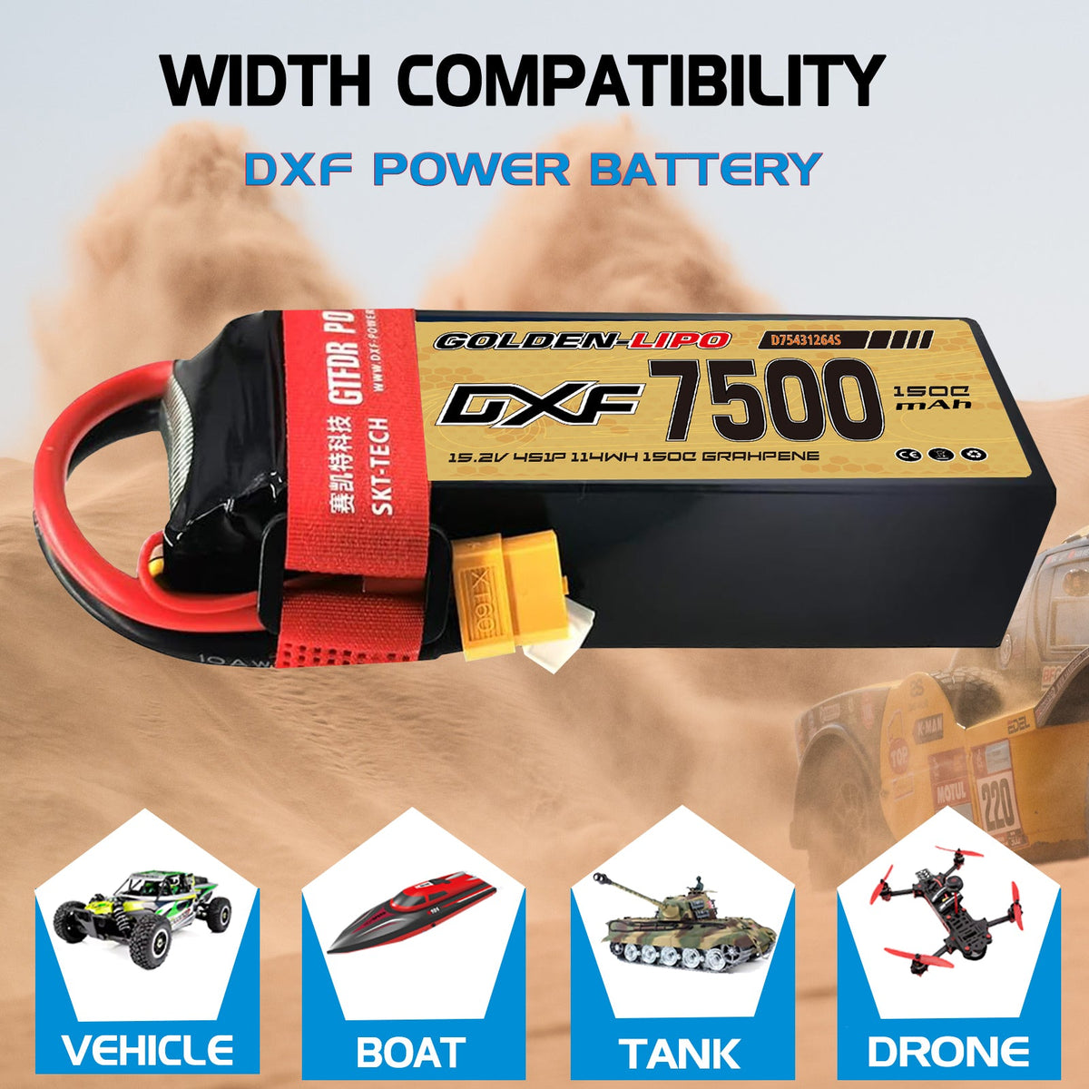 DXF Lipo Battery 4S HV 15.2V 7500mAh 150C GoldSeries Graphene Softcase with EC5 / T / TRX / XT60 / XT90 / XT150 / Q8s Plug for RC 1/8 1/10 Buggy Truck Car Off-Road Drone