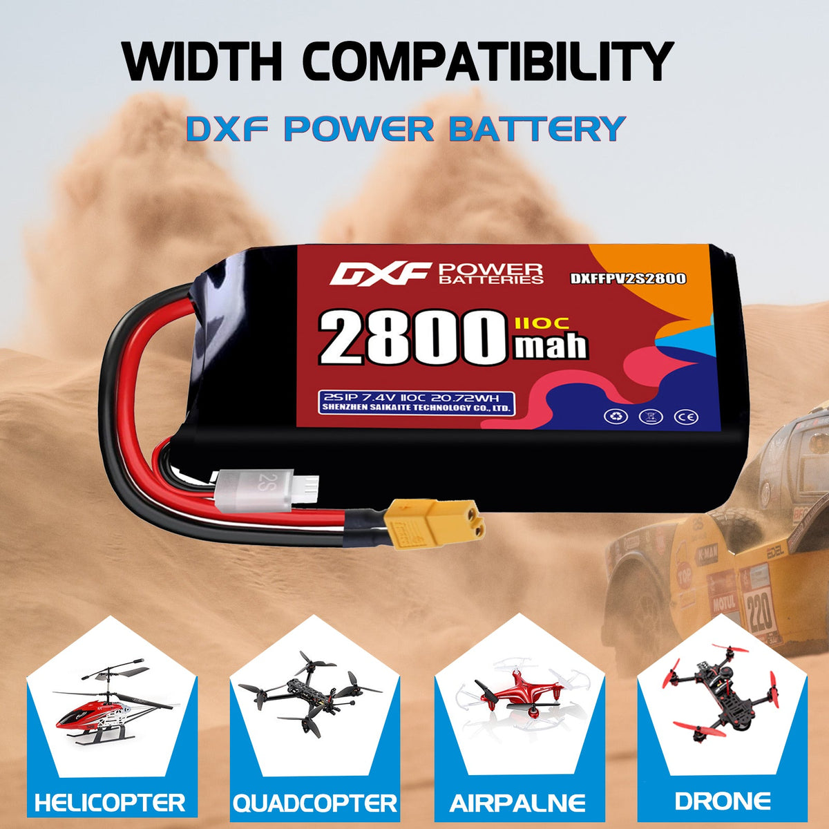 DXF LiPo Battery 2S 7.4V 2800mAh 110C with PH2.0 / JST / XT30 / SM / XT60 / EC5 / XT90 for FPV Drone Whoop Micro Racing