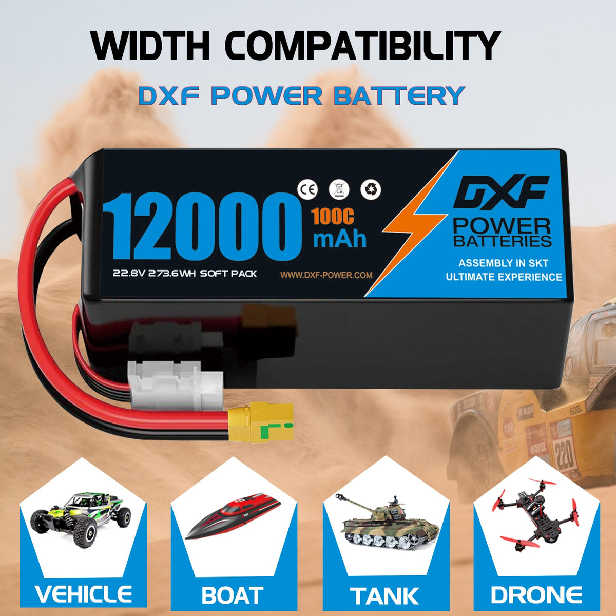 DXF 6S 22.8V 12000mAh 100C Soft Case LiPo Battery with 8AWG Wire for Toy Cars, Boats, UAVs & Drones (1-6 Pack)