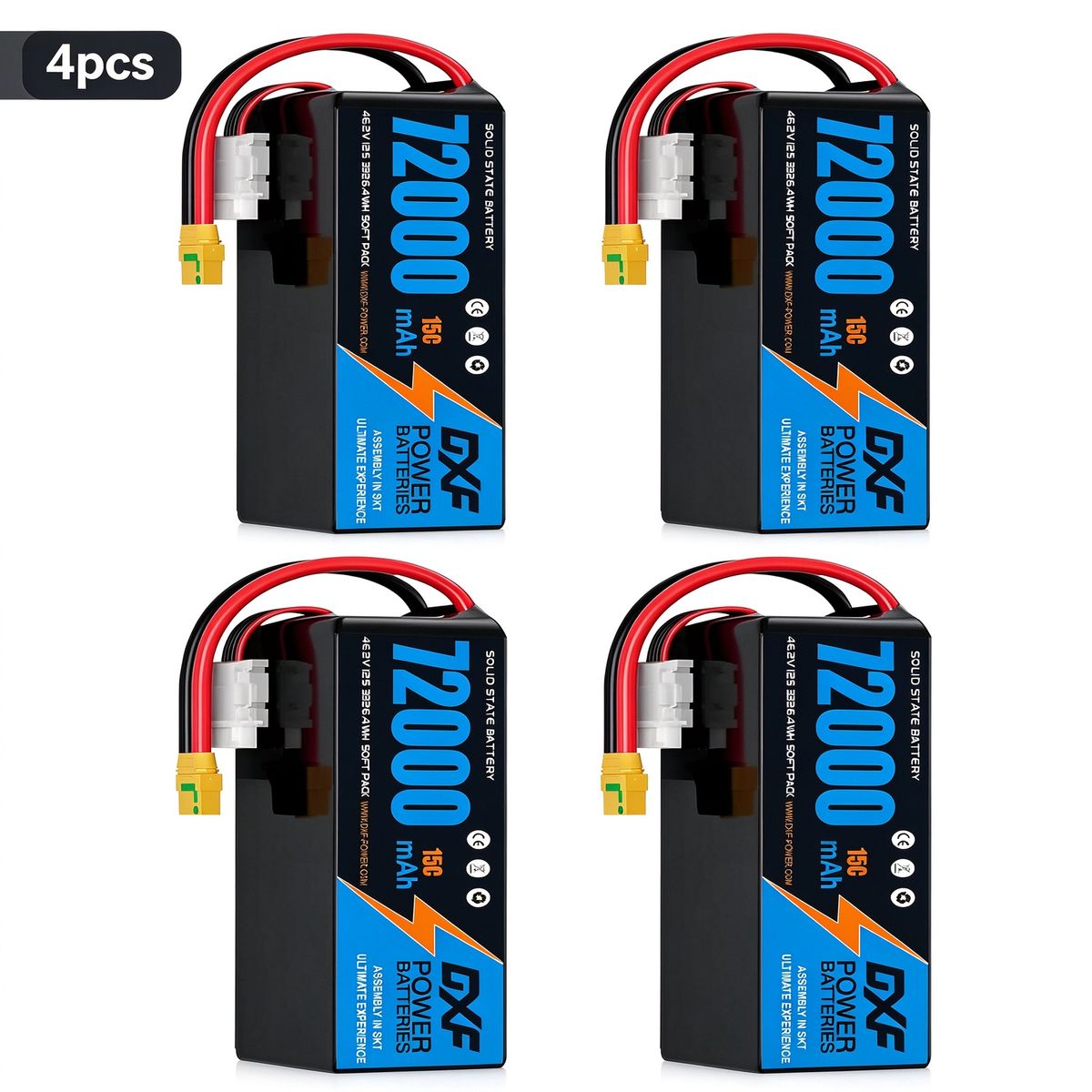 DXF SEMI-SOLID 12S 46.2V 72000mAh 15C Soft Case LiPo Battery with 8AWG Wire for Toy Cars, Boats, UAVs & Drones (1-6 Pack)