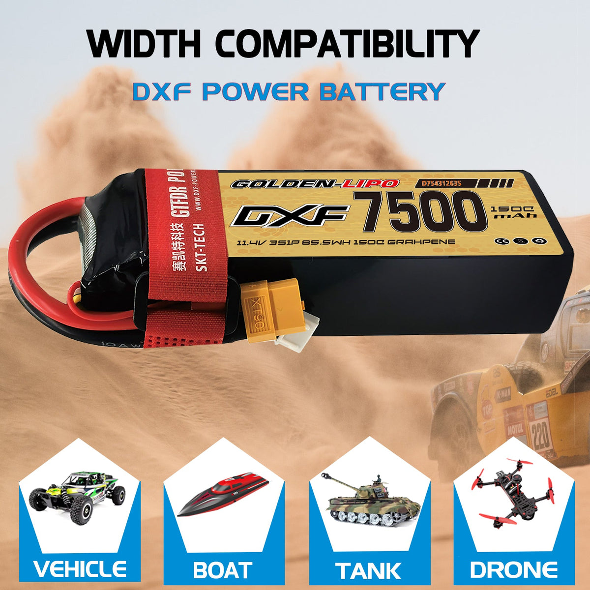 DXF Lipo Battery 3S HV 11.4V 7500mAh 150C GoldSeries Graphene Softcase with EC5 / T / TRX / XT60 / XT90 / XT150 / Q8s Plug for RC 1/8 1/10 Buggy Truck Car Off-Road Drone