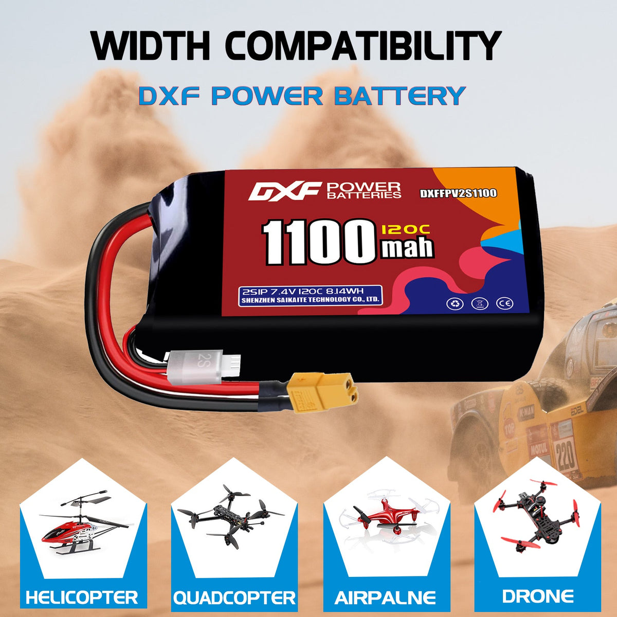 DXF 2S 7.4V 1100mAh 120C LiPo Battery for FPV Micro Drones (PH2.0 / JST / XT30 / SM / XT60 / EC5 / XT90 Options)