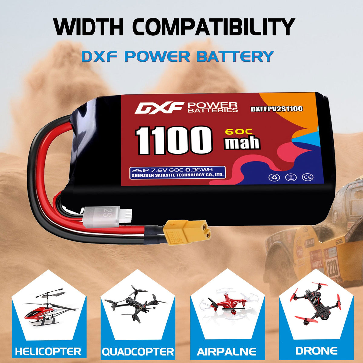 DXF LiPo Battery 2S HV 7.6V 1100mAh 60C with PH2.0 / JST / XT30 / SM / XT60 / EC5 / XT90 for FPV Drone Whoop Micro Racing