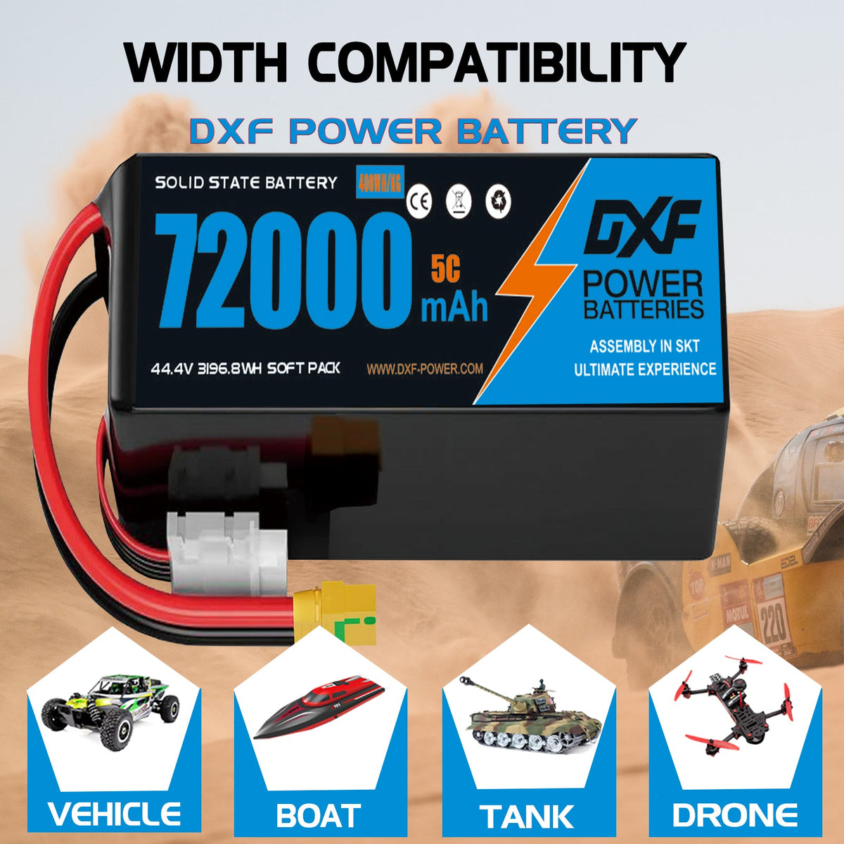 DXF 12S 44.4V 72000mAh 5C Soft Case LiPo Battery with 8AWG Wire for Toy Cars, Boats, UAVs & Drones (1-6 Pack)