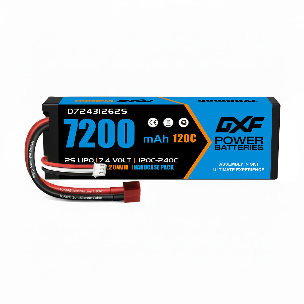 DXF 2S 7.4V 7200mAh 120C Hardcase LiPo Battery with 10AWG Deans for 1/10 1/8 RC Cars, Trucks, Buggies (2 & 4 Pack Available)