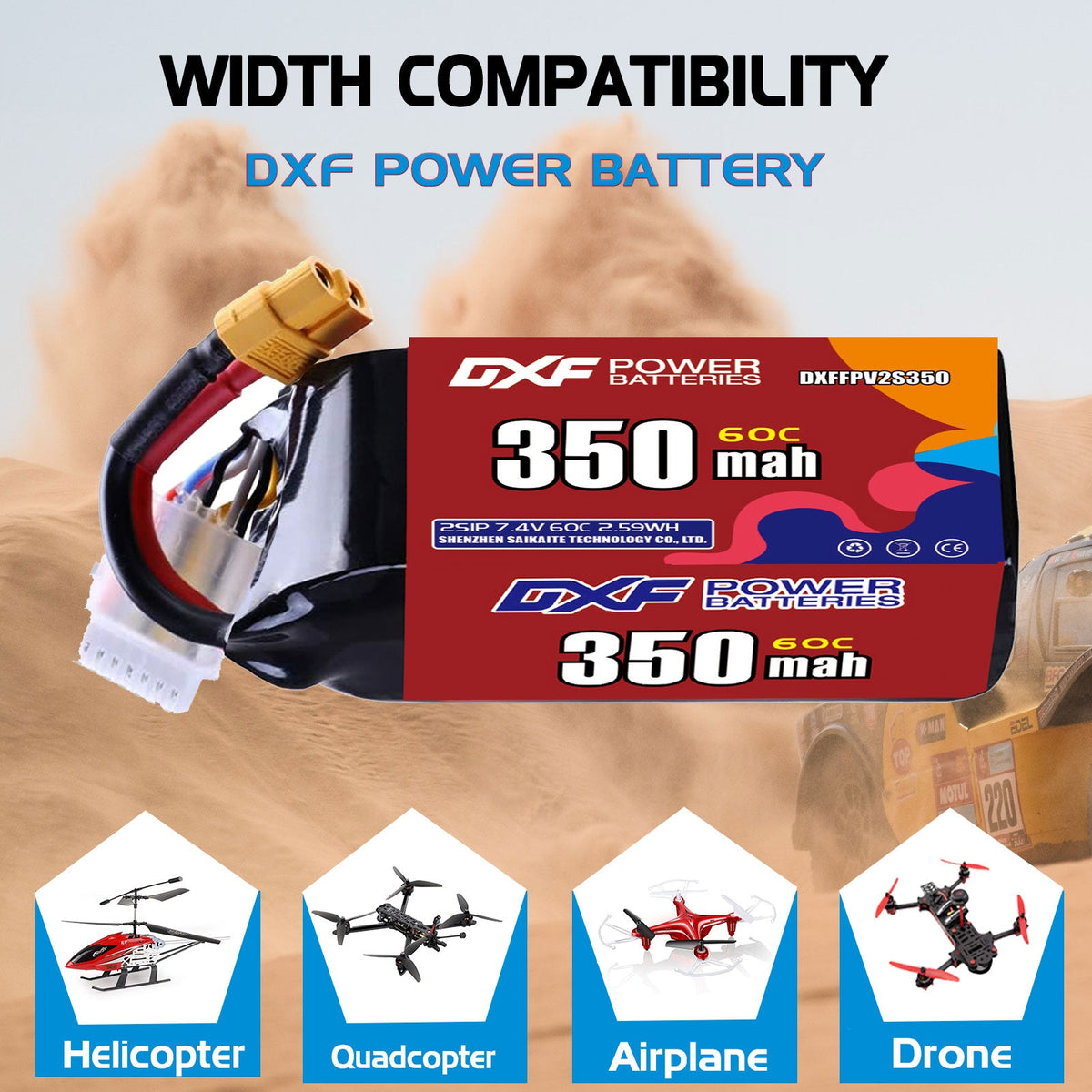 DXF LiPo Battery 2S 7.4V 350mAh 60C with PH2.0 / JST / XT30 / SM / XT60 / EC5 / XT90 for FPV Drone Whoop Micro Racing