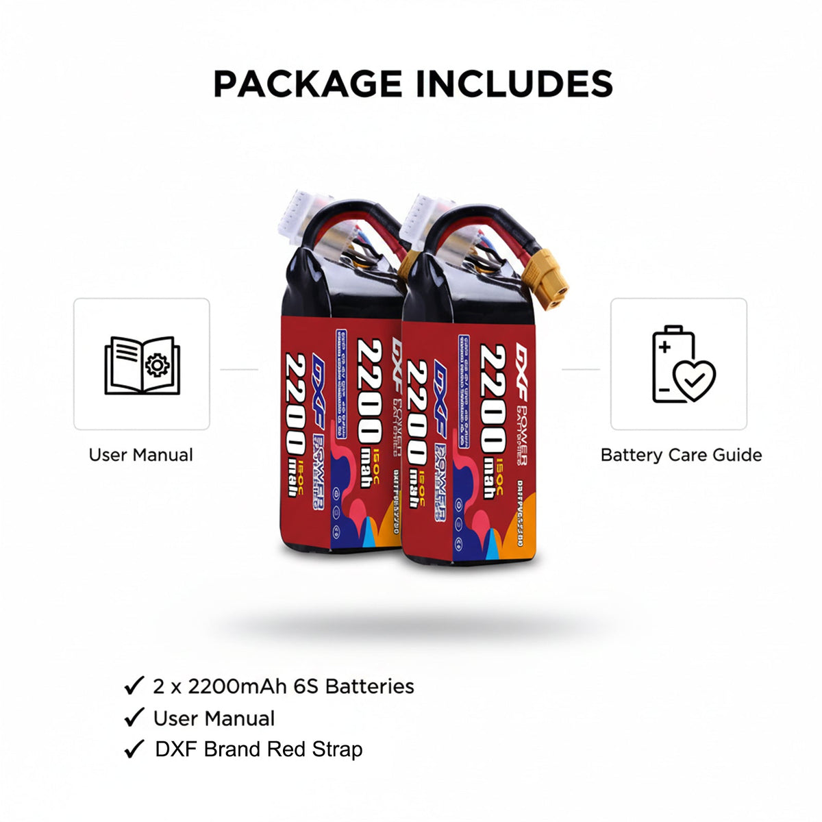 DXF 6S 22.2V 2200mAh 150C Graphene Softcase LiPo Battery with XT60 & 12AWG Wire (1-6 Pack)