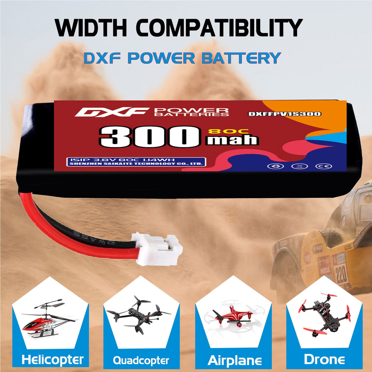DXF LiPo Battery 1S HV 3.8V 300mAh 80C with PH2.0 / JST / XT30 / SM / XT60 / EC5 / XT90 for FPV Drone Whoop Micro Racing
