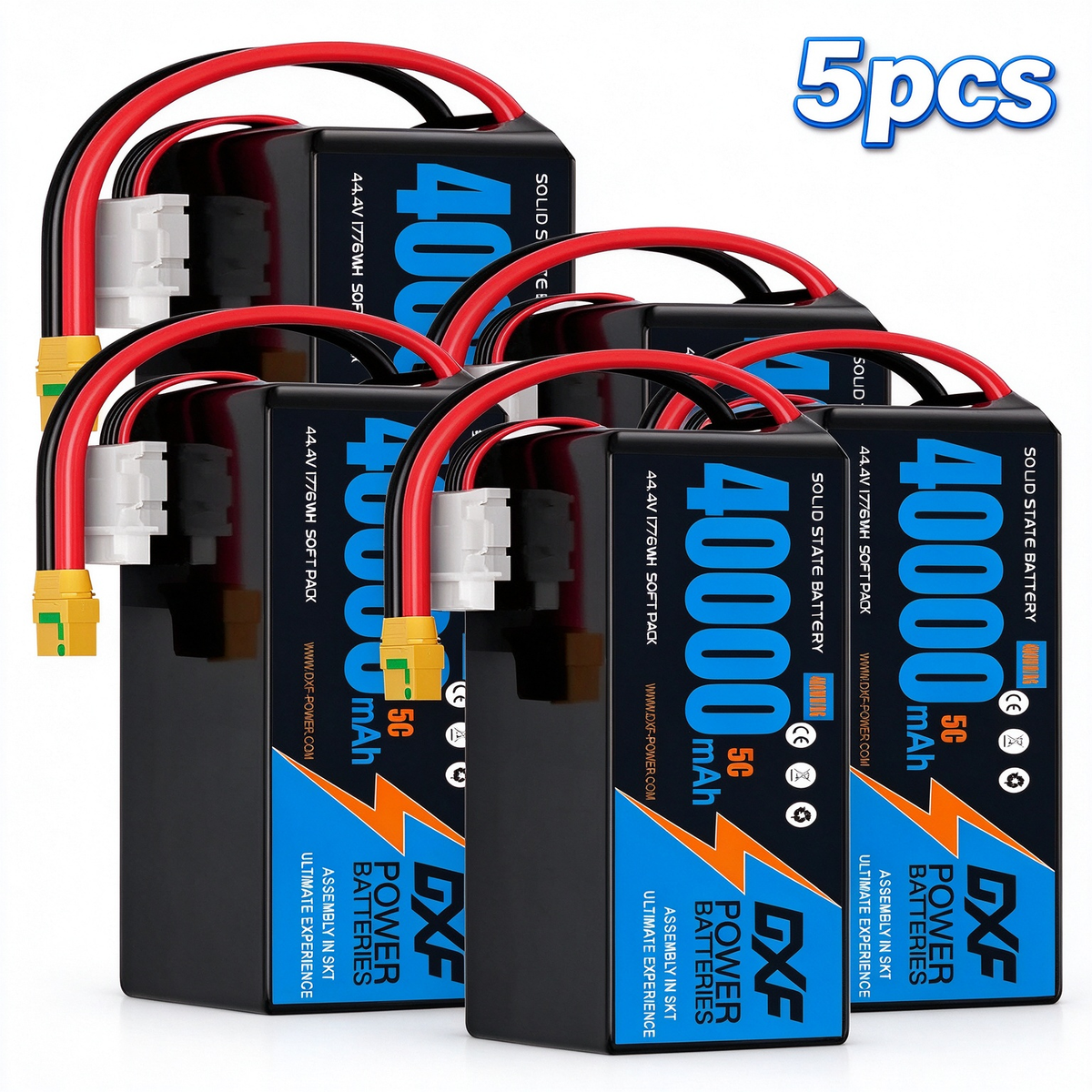 DXF SEMI-SOLID 12S 44.4V 40000mAh 5C Soft Case LiPo Battery with 8AWG Wire for Toy Cars, Boats, UAVs & Drones (1-6 Pack)