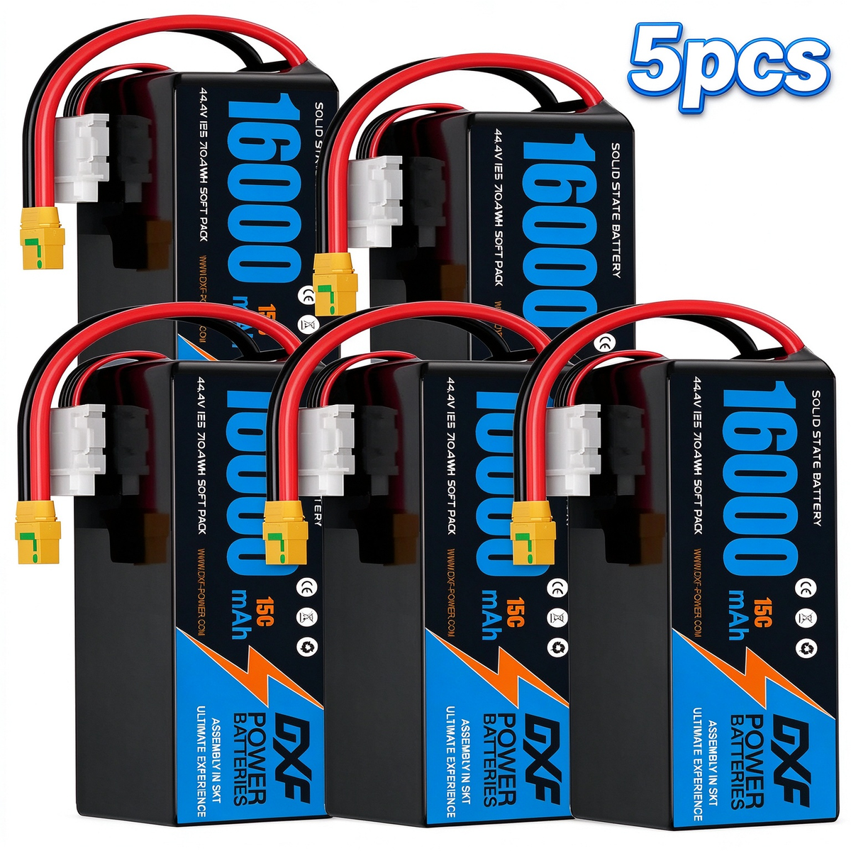 DXF SEMI-SOLID 12S 44.4V 16000mAh 15C Soft Case LiPo Battery with 8AWG Wire for Toy Cars, Boats, UAVs & Drones (1-6 Pack)