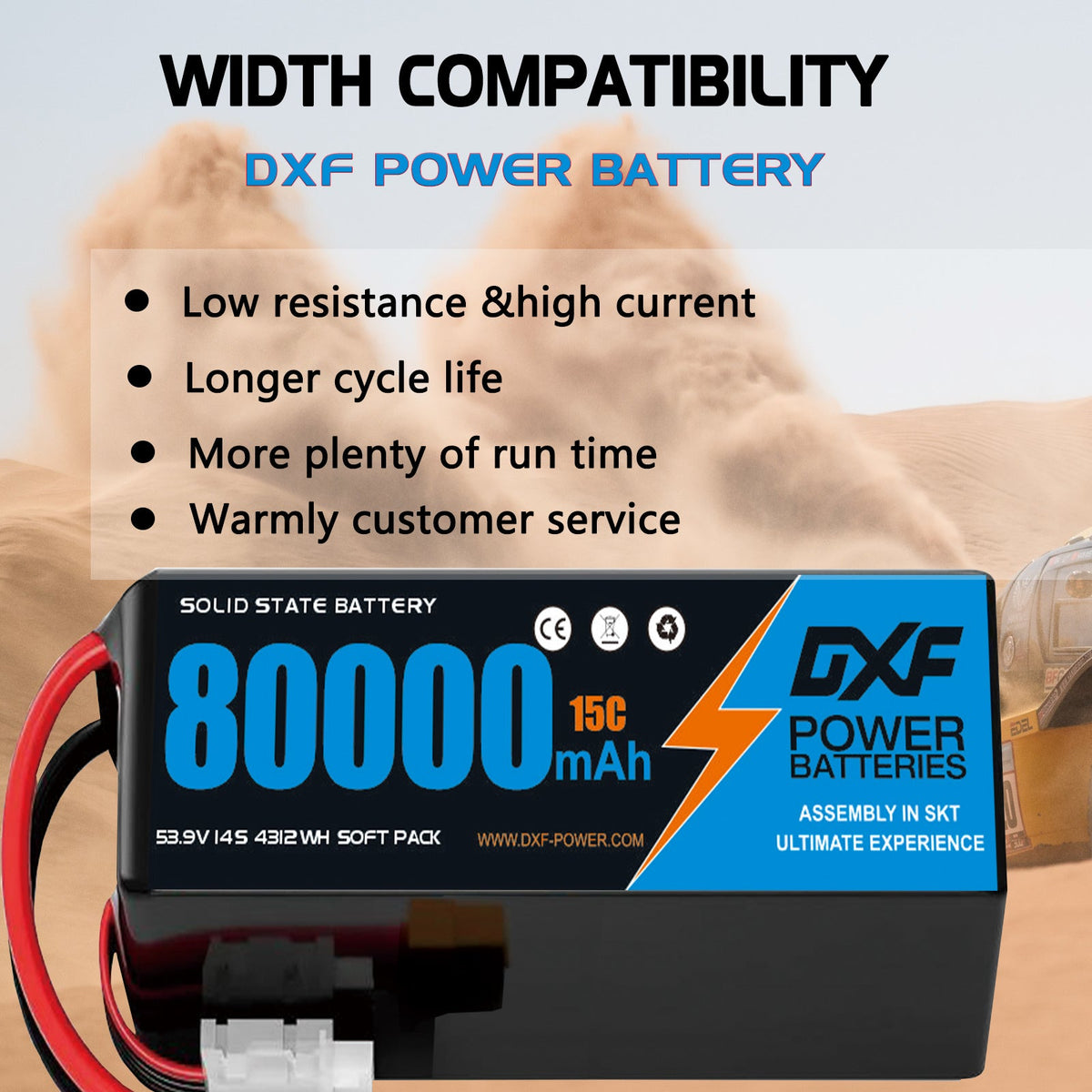 DXF SEMI-SOLID 14S 53.9V 80000mAh 15C Soft Case LiPo Battery with 8AWG Wire for Toy Cars, Boats, UAVs & Drones (1-6 Pack)