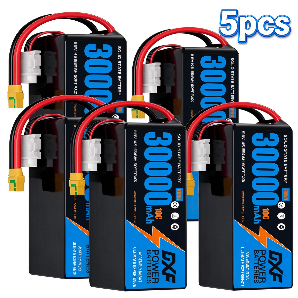 DXF SEMI-SOLID 14S 51.8V 30000mAh 5C Soft Case LiPo Battery with 8AWG Wire for Toy Cars, Boats, UAVs & Drones (1-6 Pack)