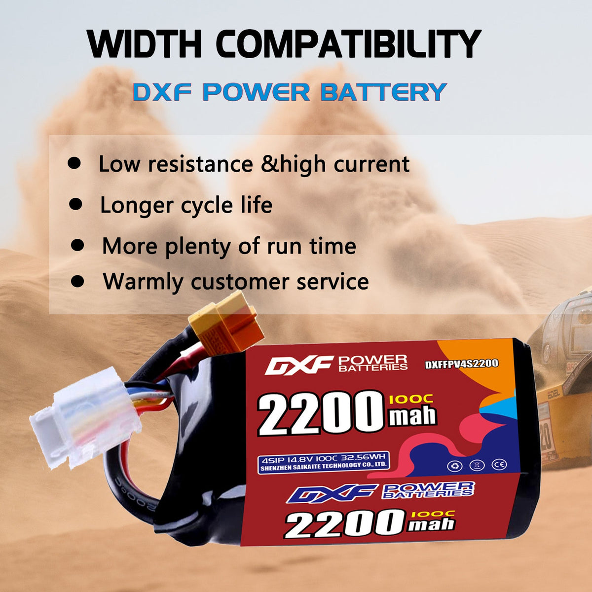 DXF 4S 14.8V 2200mAh 100C LiPo Battery for FPV Micro Drones (PH2.0 / JST / XT30 / SM / XT60 / EC5 / XT90 Options)