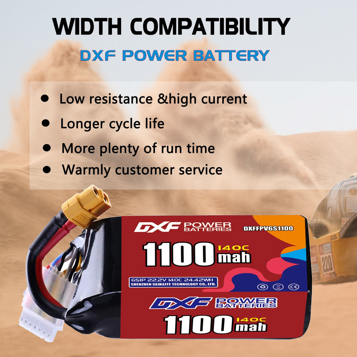 DXF 6S 22.2V 1100mAh 140C LiPo Battery for FPV Micro Drones (PH2.0 / JST / XT30 / SM / XT60 / EC5 / XT90 Options)