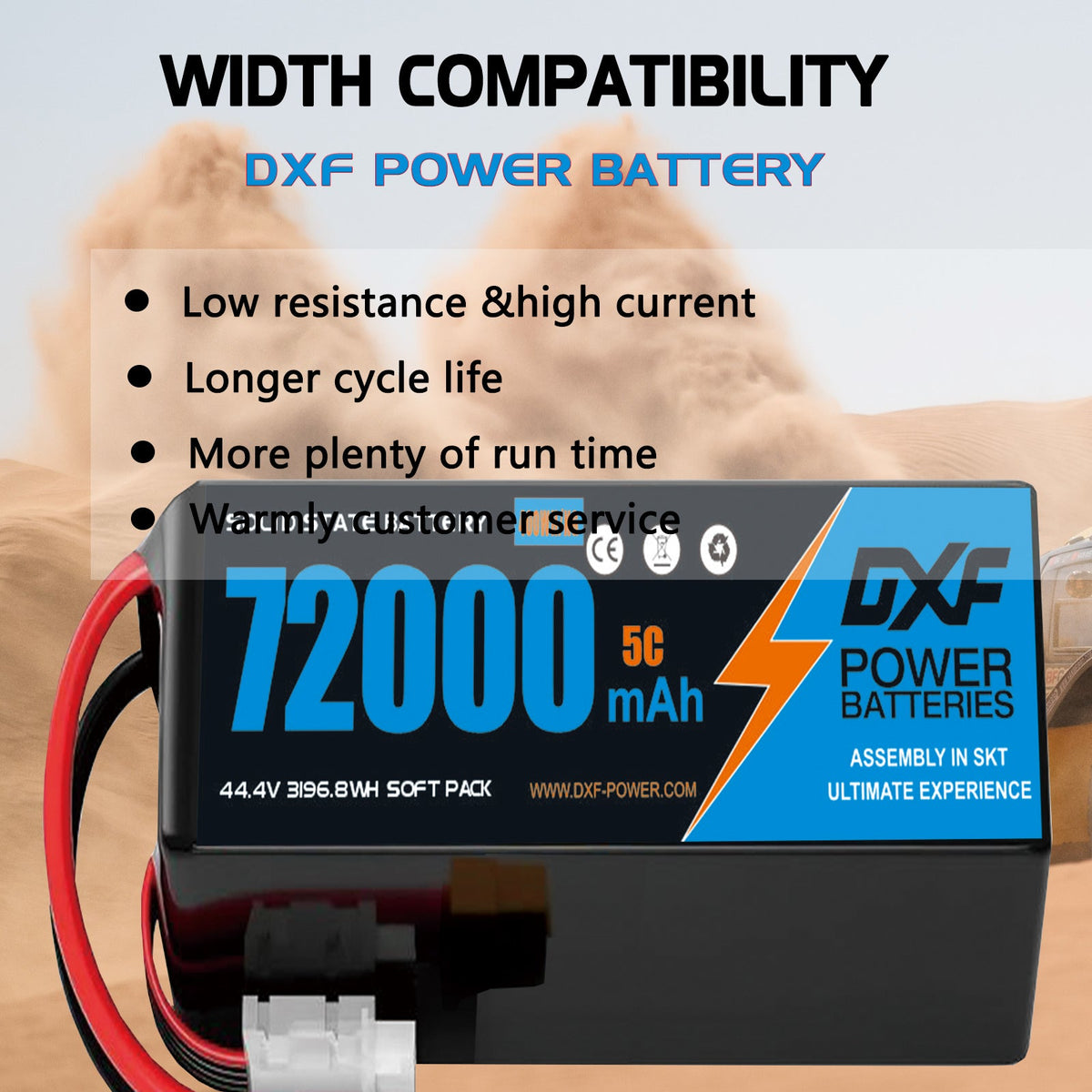 DXF 12S 44.4V 72000mAh 5C Soft Case LiPo Battery with 8AWG Wire for Toy Cars, Boats, UAVs & Drones (1-6 Pack)