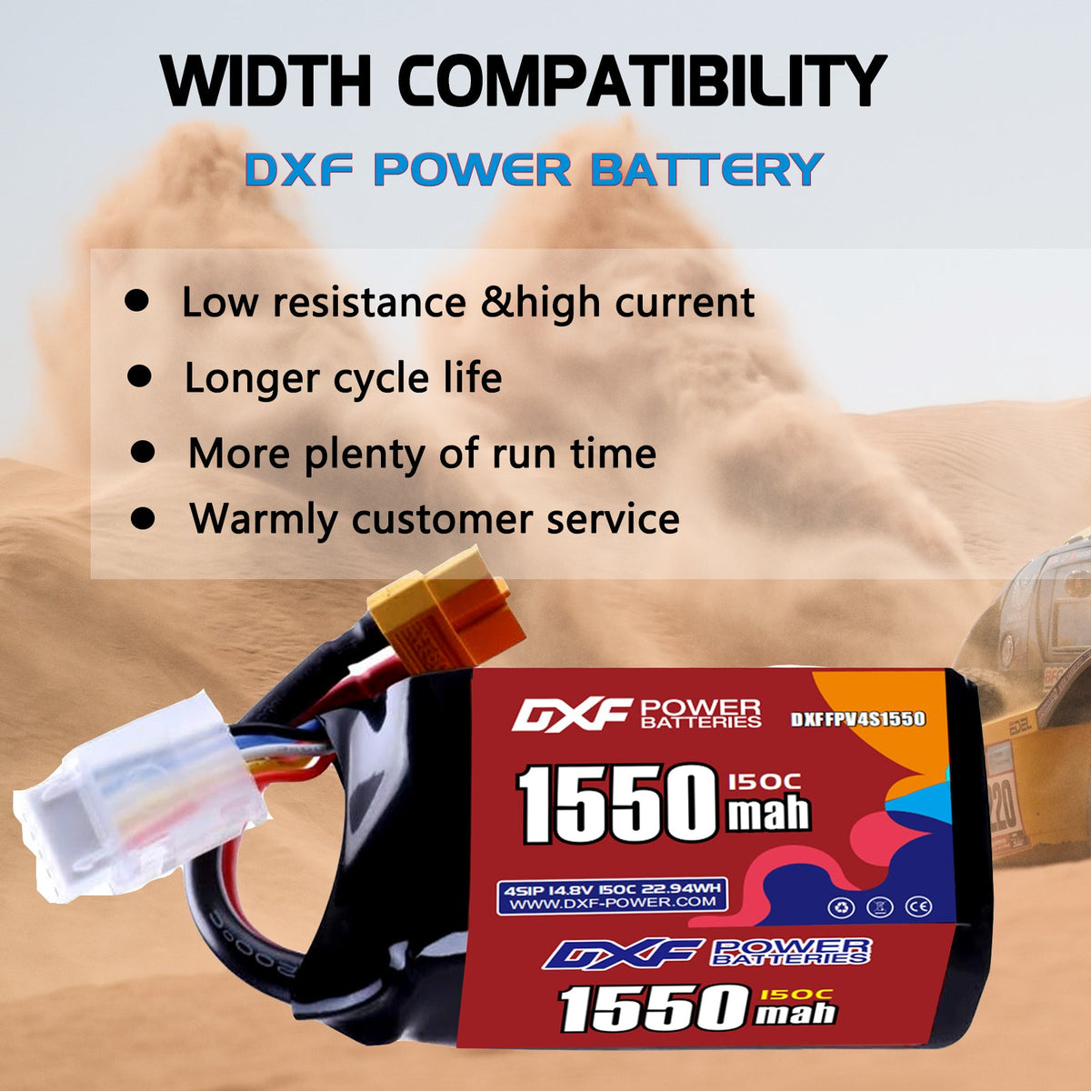DXF 4S 14.8V 1550mAh 150C LiPo Battery for FPV Micro Drones (PH2.0 / JST / XT30 / SM / XT60 / EC5 / XT90 Options)