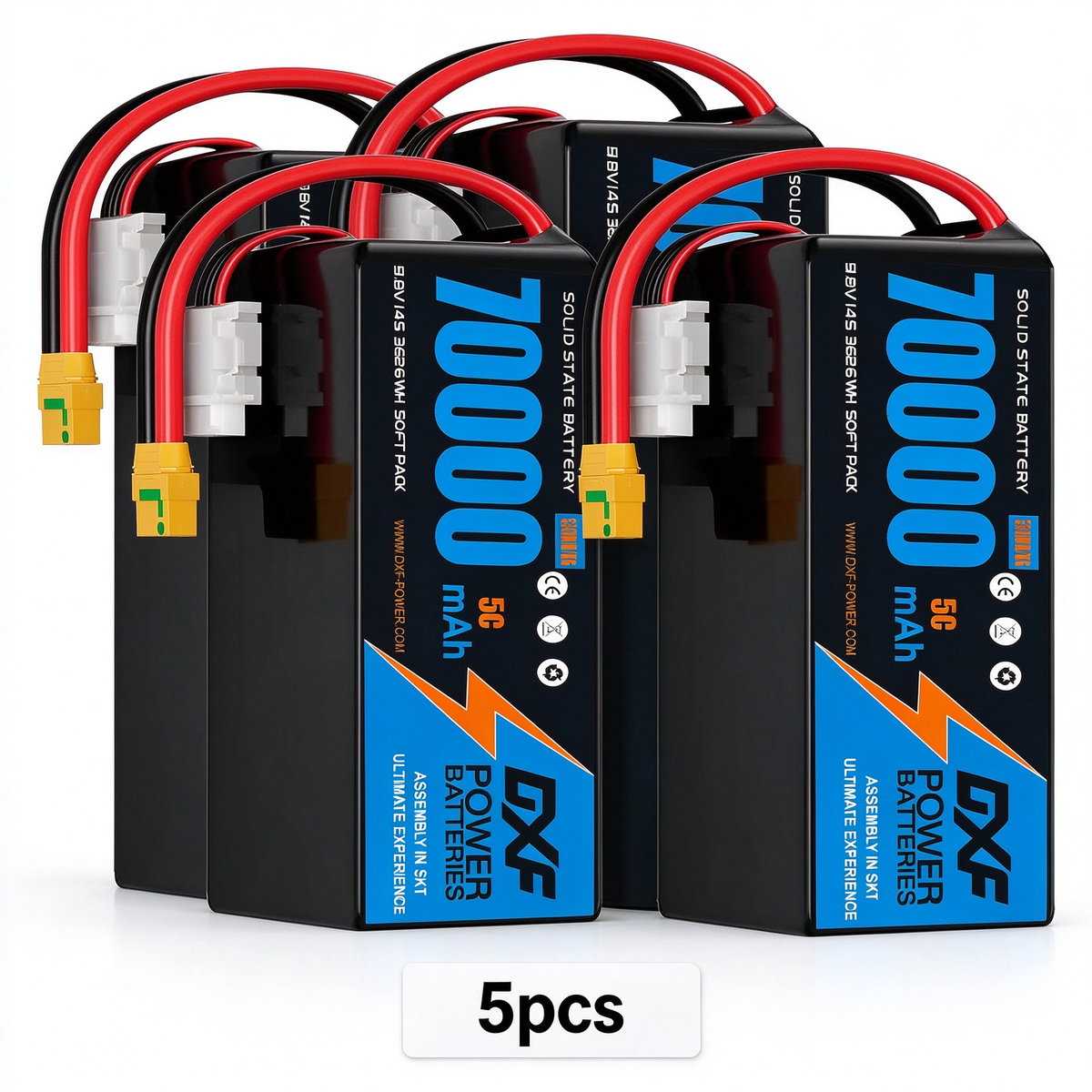 DXF SEMI-SOLID 14S 51.8V 70000mAh 5C Soft Case LiPo Battery with 8AWG Wire for UAVs & Drones (1-6 Pack)