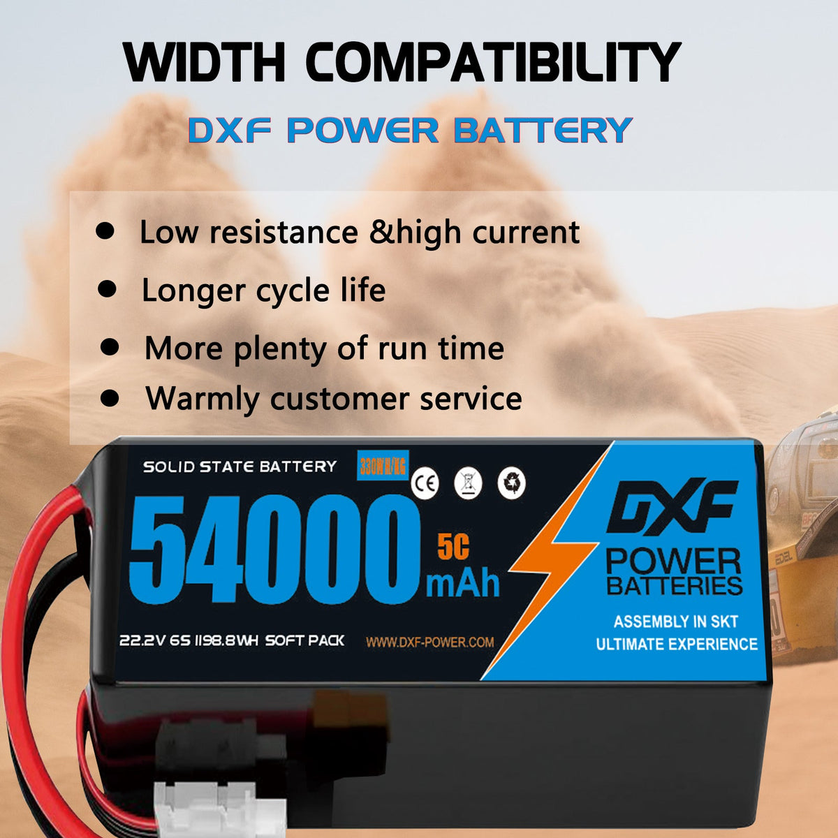 DXF 6S 22.2V 54000mAh 5C Soft Case LiPo Battery with 8AWG Wire for Toy Cars, Boats, UAVs & Drones (1-6 Pack)