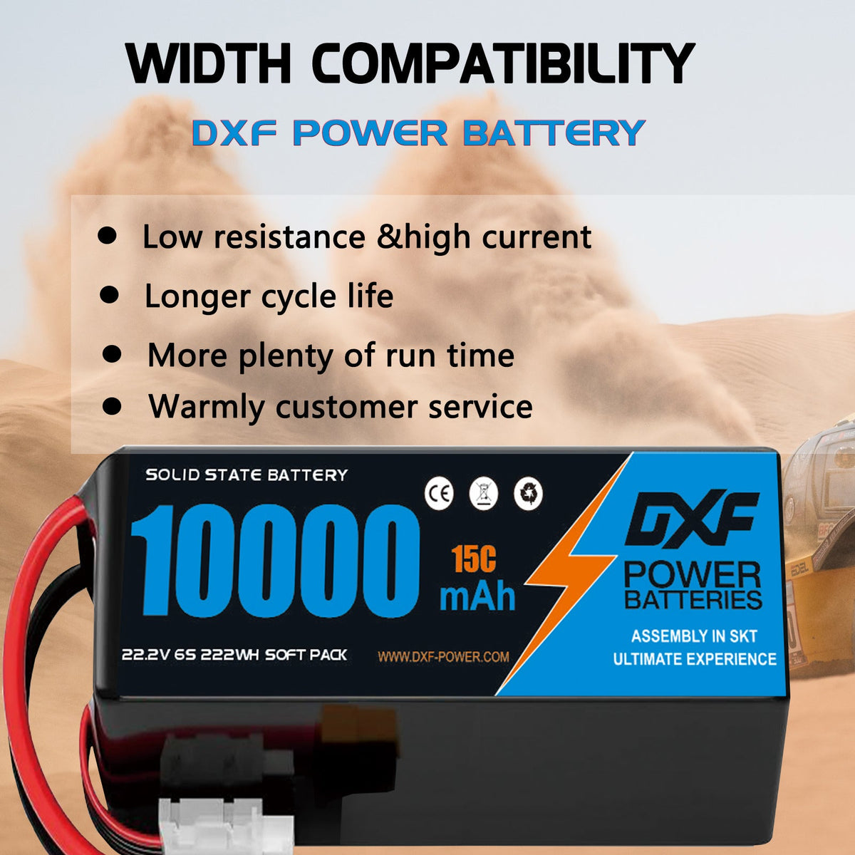 DXF 6S 22.2V 10000mAh 15C Soft Case LiPo Battery with 8AWG Wire for Toy Cars, Boats, UAVs & Drones (1-6 Pack)