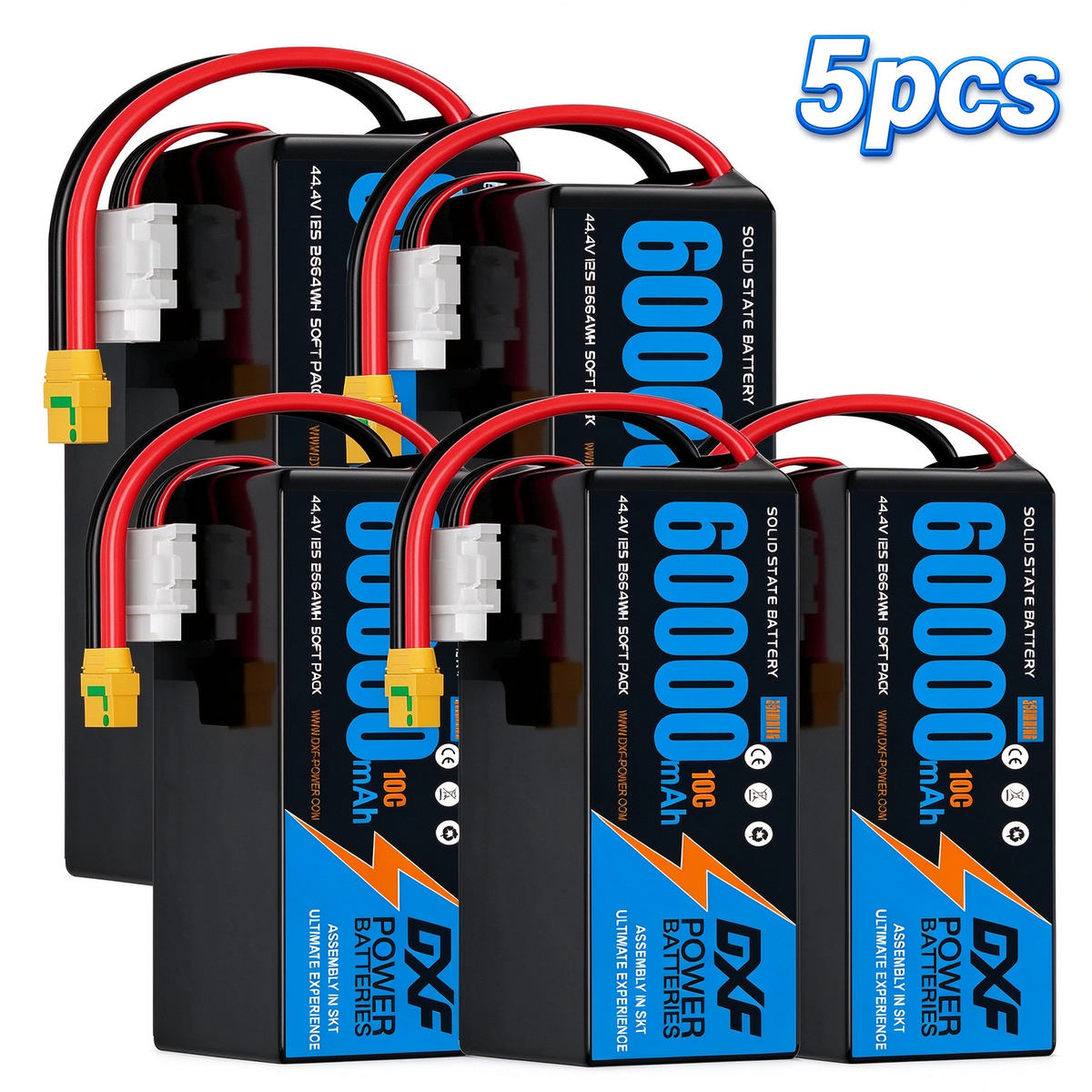 DXF SEMI-SOLID 12S 44.4V 60000mAh 10C Soft Case LiPo Battery with 8AWG Wire for Toy Cars, Boats, UAVs & Drones (1-6 Pack)