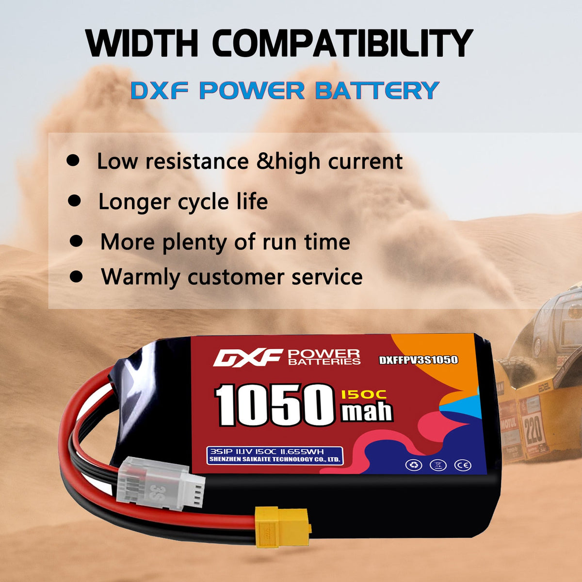 DXF 3S 11.1V 1050mAh 150C LiPo Battery for FPV Micro Drones (PH2.0 / JST / XT30 / SM / XT60 / EC5 / XT90 Options)