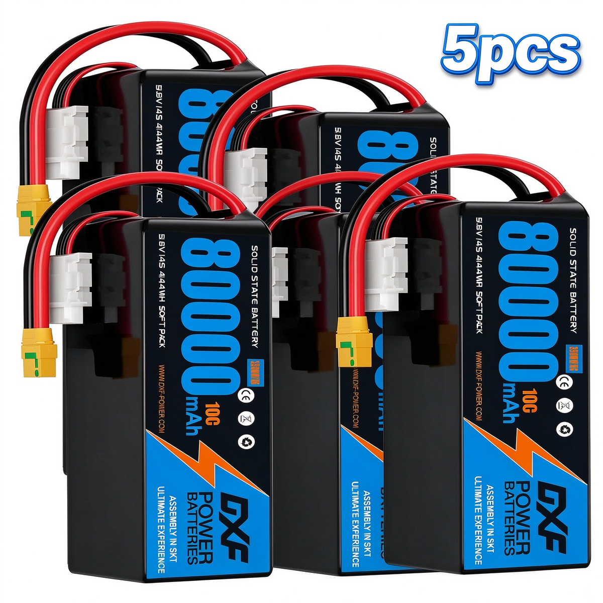 DXF SEMI-SOLID 14S 51.8V 80000mAh 10C Soft Case LiPo Battery with 8AWG Wire for Toy Cars, Boats, UAVs & Drones (1-6 Pack)