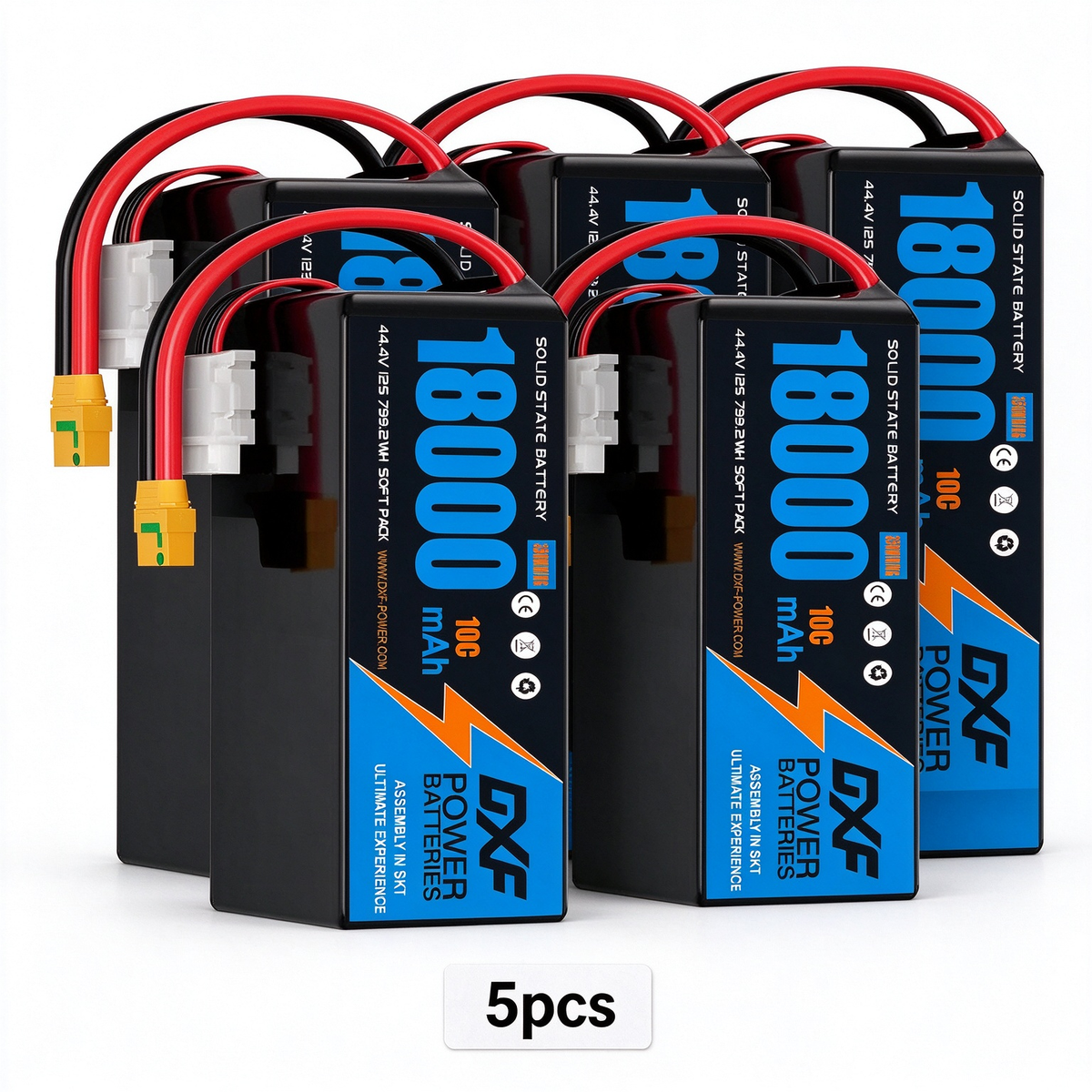 DXF SEMI-SOLID 12S 44.4V 18000mAh 10C Soft Case LiPo Battery with 8AWG Wire for UAVs & Drones (1-6 Pack)