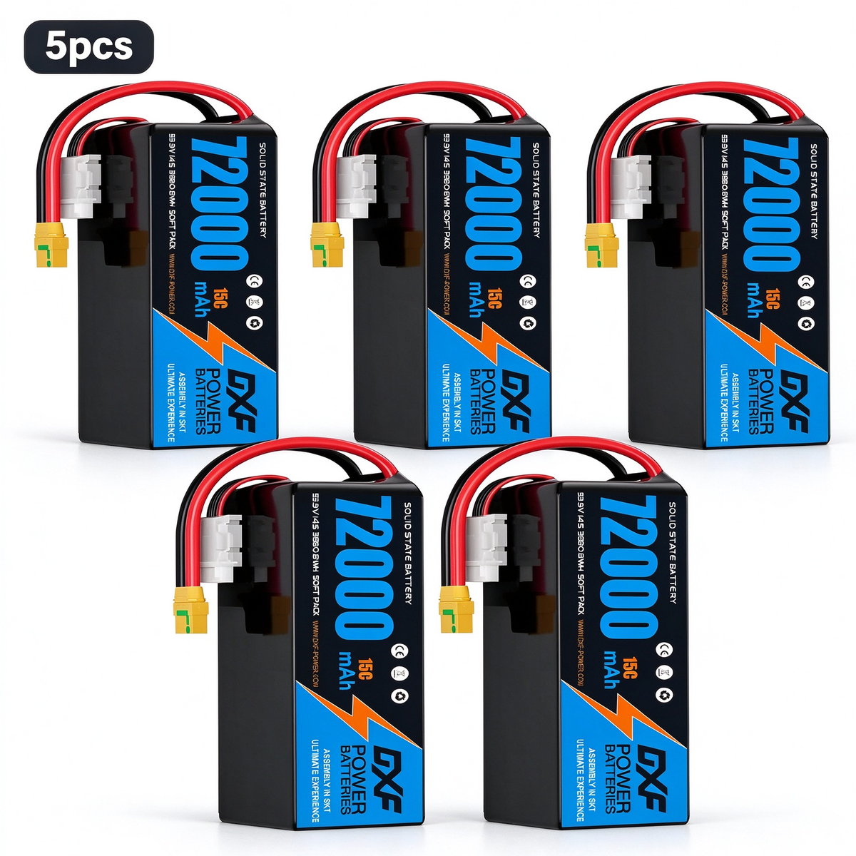 DXF SEMI-SOLID 14S 53.9V 72000mAh 15C Soft Case LiPo Battery with 8AWG Wire for Toy Cars, Boats, UAVs & Drones (1-6 Pack)