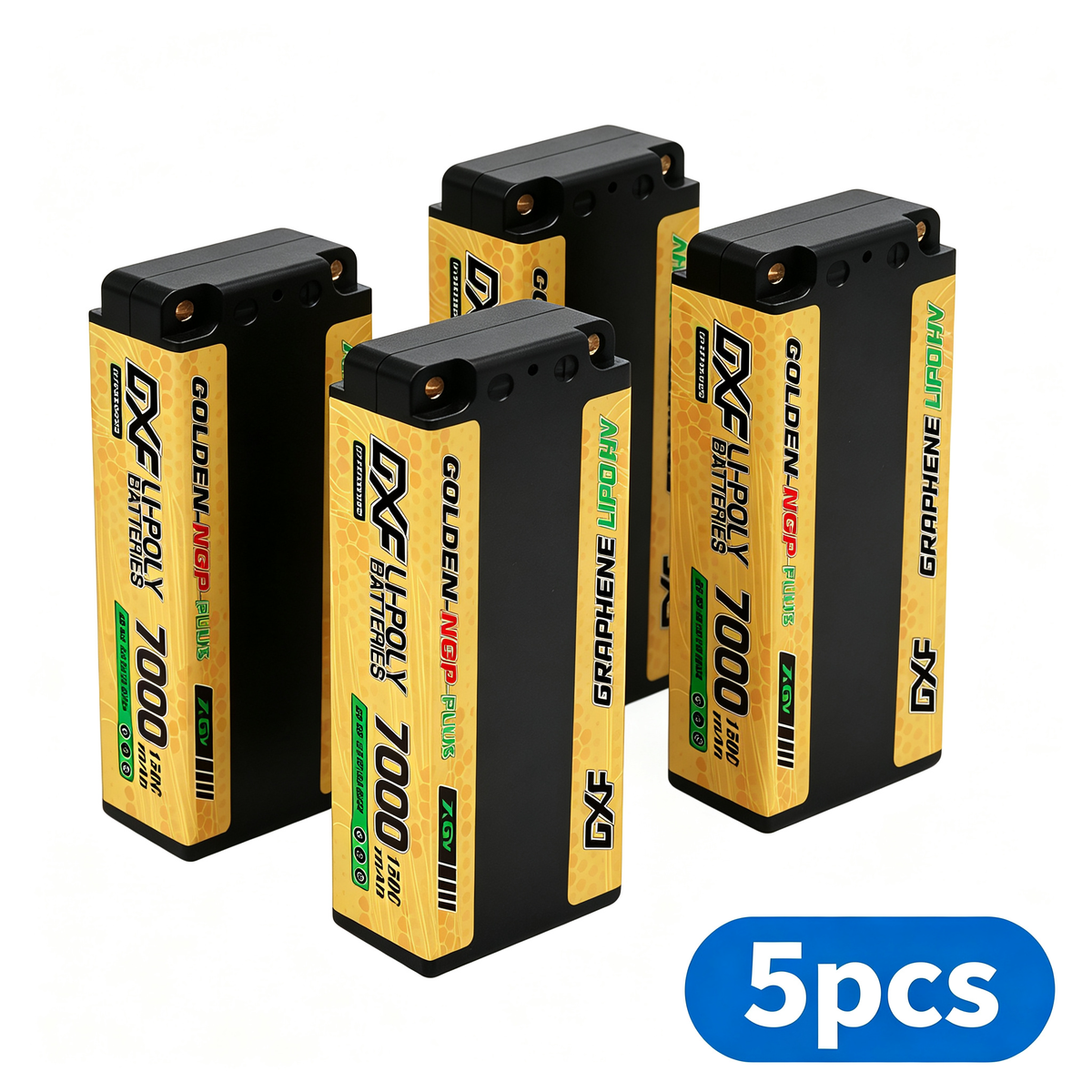 DXF 2S HV 7.6V 7000mAh 150C GOLDEN NGP PLUS Middle-Size Graphene LiPo Hardcase Battery with 12AWG 5mm Bullet to Deans Plug for 1/8 1/10 RC Car Truck Boat Drone (1-6 Pack Available)