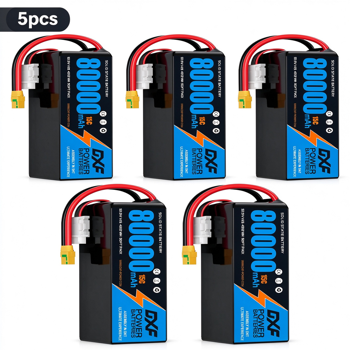 DXF SEMI-SOLID 14S 53.9V 80000mAh 15C Soft Case LiPo Battery with 8AWG Wire for Toy Cars, Boats, UAVs & Drones (1-6 Pack)