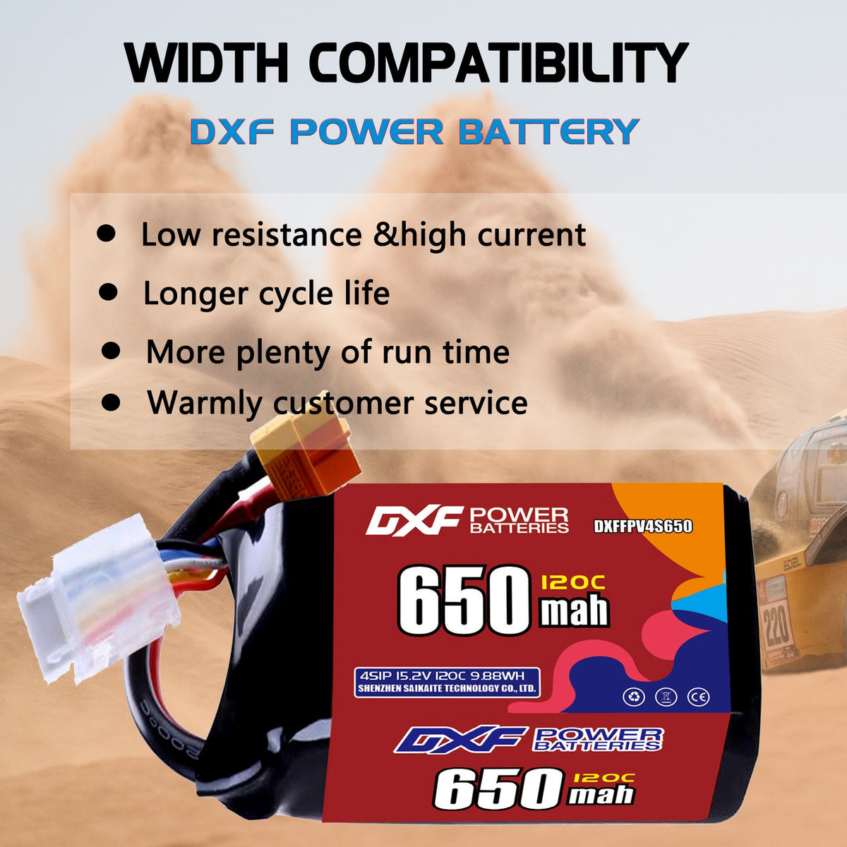 DXF 4S 15.2V 650mAh 120C LiPo Battery for FPV Micro Drones (PH2.0 / JST / XT30 / SM / XT60 / EC5 / XT90 Options)