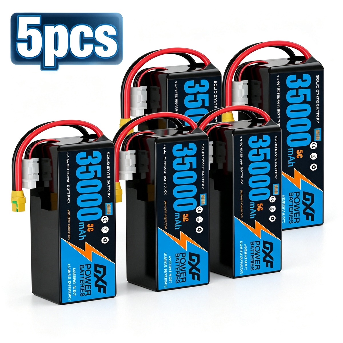 DXF SEMI-SOLID 12S 44.4V 35000mAh 5C Soft Case LiPo Battery with 8AWG Wire for Toy Cars, Boats, UAVs & Drones (1-6 Pack)
