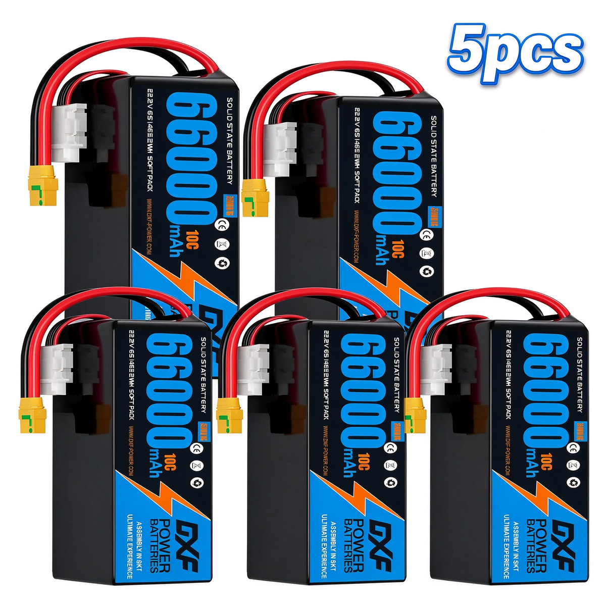 DXF 6S 22.2V 66000mAh 10C Soft Case LiPo Battery with 8AWG Wire for Toy Cars, Boats, UAVs & Drones (1-6 Pack)