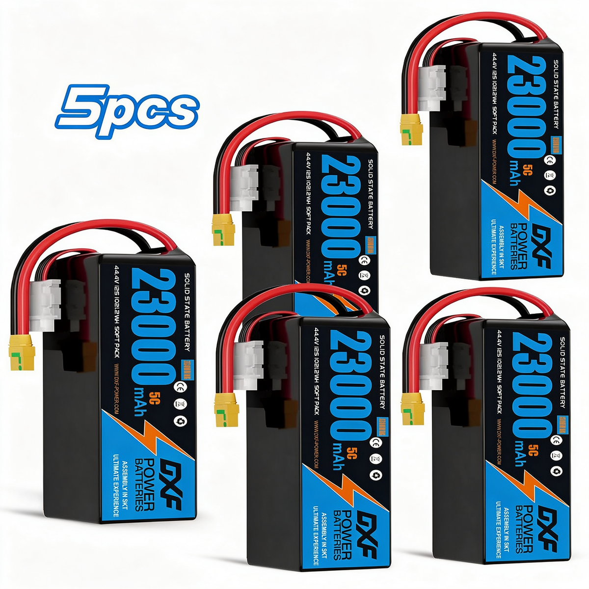 DXF SEMI-SOLID 12S 44.4V 23000mAh 5C Soft Case LiPo Battery with 8AWG Wire for UAVs & Drones (1-6 Pack)