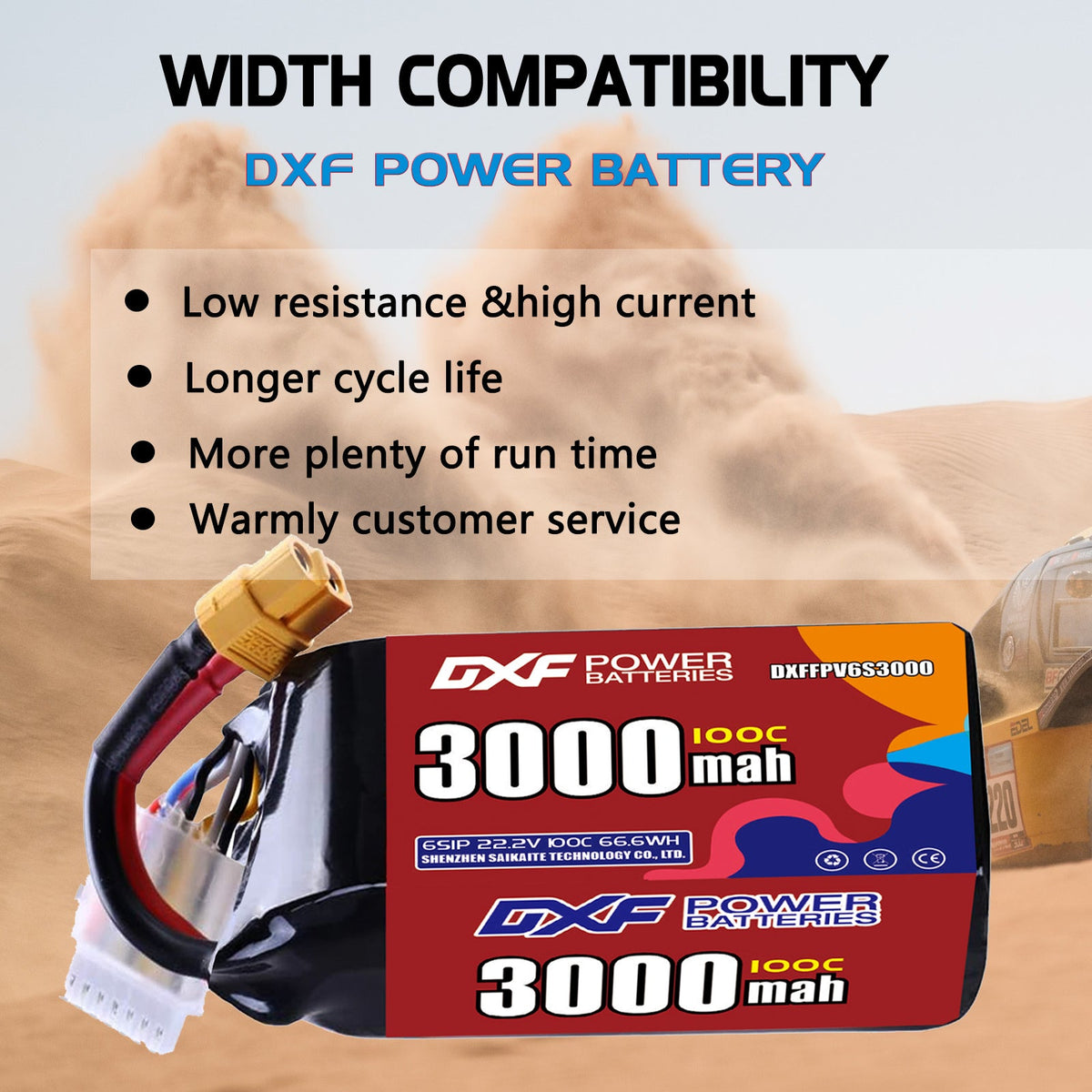DXF 6S 22.2V 3000mAh 100C LiPo Battery for FPV Micro Drones (PH2.0 / JST / XT30 / SM / XT60 / EC5 / XT90 Options)