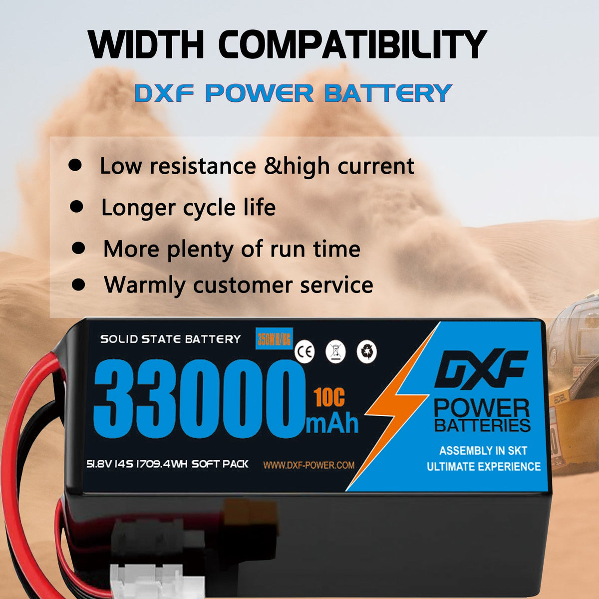 DXF SEMI-SOLID 14S 51.8V 33000mAh 10C Soft Case LiPo Battery with 8AWG Wire for Toy Cars, Boats, UAVs & Drones (1-6 Pack)