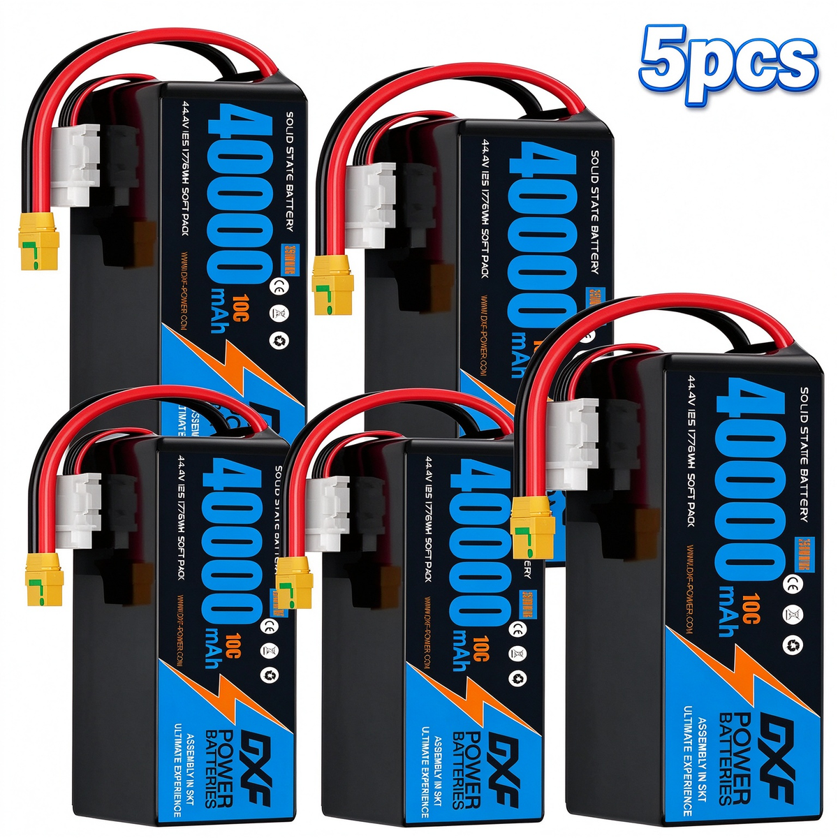DXF SEMI-SOLID 12S 44.4V 40000mAh 10C Soft Case LiPo Battery with 8AWG Wire for Toy Cars, Boats, UAVs & Drones (1-6 Pack)